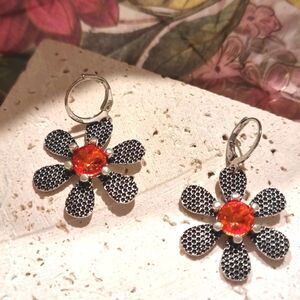 Silver Flower Earrings with Orange Accents | NWOT